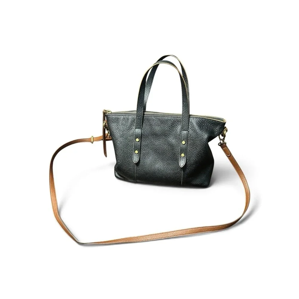 Fossil Black Leather Crossbody Satchel Bag Brown Strap Zip Top